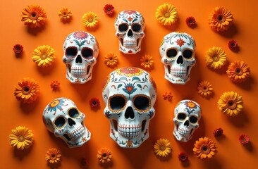 November 1 holiday Day of the Dead, Sugar skull and marigold flowers on orange background, Dia De Los Muertos, Halloween celebration background. Copy space