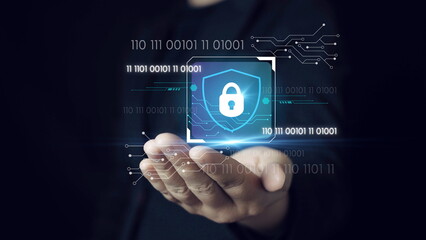 Cybersecurity and privacy concepts to protect data. Lock icon and internet network security technology. Businessman protecting personal data on smartphone, virtual screen interfaces. cyber security.