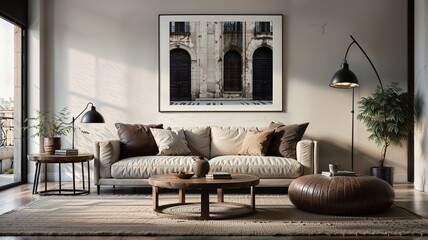 Boucle lounge chairs and sofa in classic room. Minimalist interior design of modern living room.