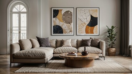 Fototapeta premium Boucle lounge chairs and sofa in classic room. Minimalist interior design of modern living room.