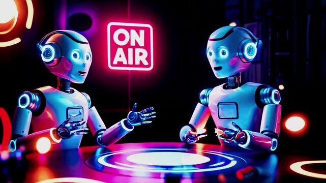 Two humanoid robots are sitting at a desk with glowing circles and a "On Air" sign in a dark room.