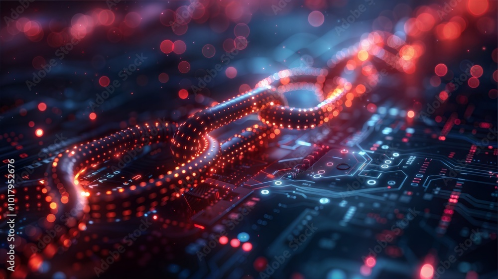 Poster digital blockchain network with glowing chain links illustrating cybersecurity and cryptocurrency te