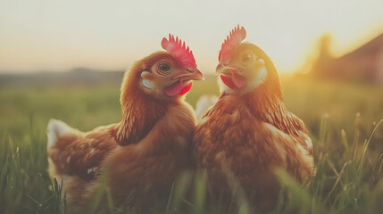 Fototapeta premium Two Chickens in a Field at Sunset.