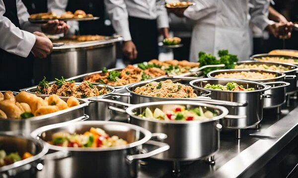 Buffet catering food service equipment in stainless steel serving dishess