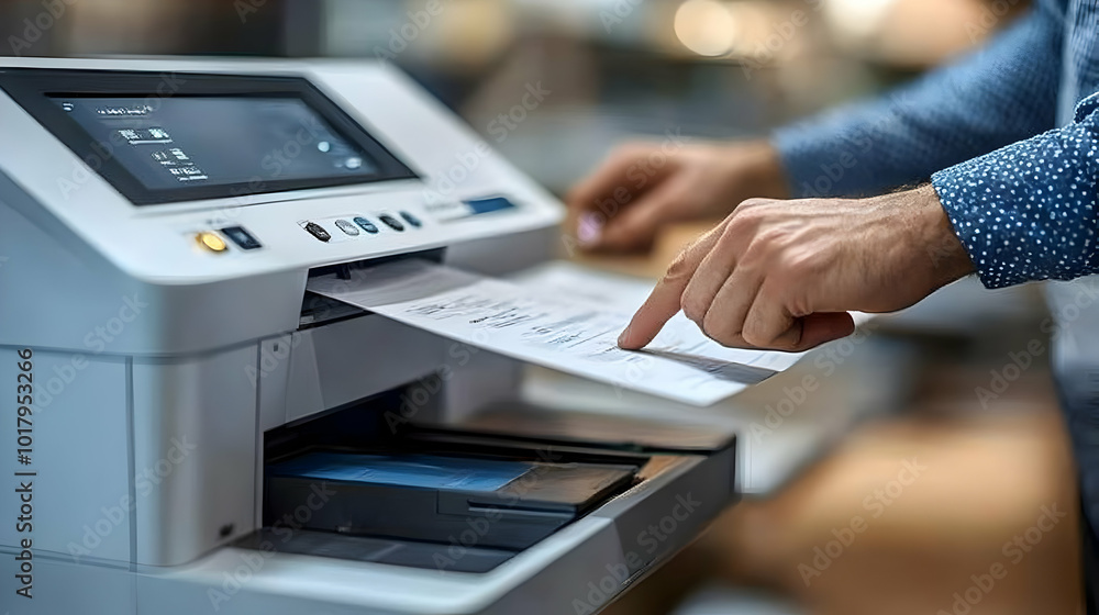 Poster a person retrieving a printed document from a printer.