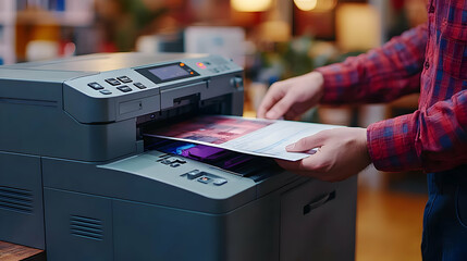 A person printing documents from a printer in an office setting.