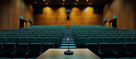 Empty Auditorium with a Microphone on a Wooden Table.