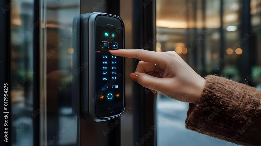 Poster A person using a digital keypad to access a building.