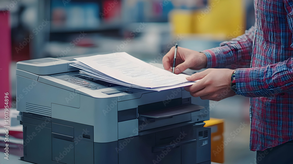 Poster a person using a printer to handle documents in an office setting.