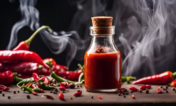 Hot sauce in a bottle surrounded by red chilies and smoke on a wooden table