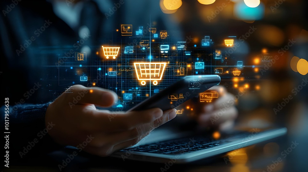 Poster a person using a smartphone with digital shopping icons displayed.