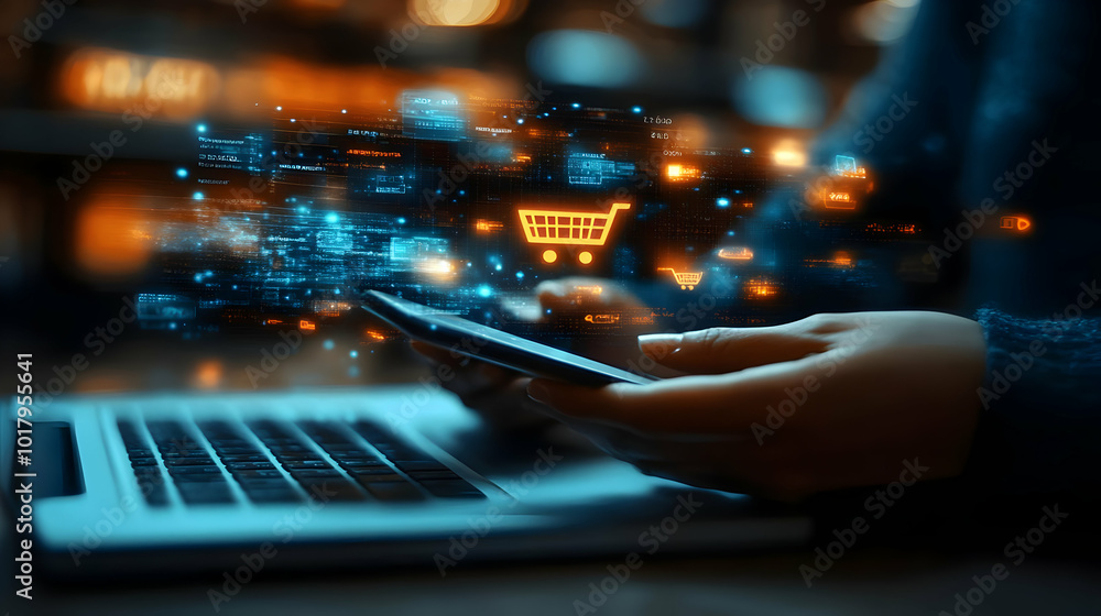 Poster a person using a smartphone with e-commerce graphics and a laptop.