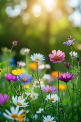 Fototapeta premium Colorful wildflowers blooming in a sunlit garden during springtime