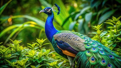 Obraz premium Majestic Female Peacock Displaying Stunning Feathers in Natural Habitat Amidst Lush Green Foliage