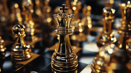 An Elegant Black Chessboard Showcases a Striking Gold King Figure Poised for Victory in a Strategic Battle of Wits and Intellect