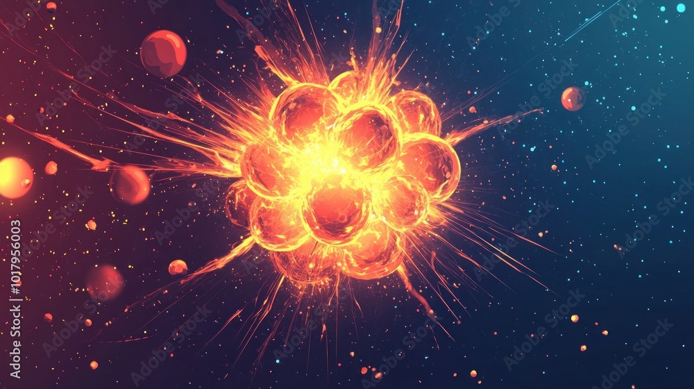 Poster exploring the mysteries of atomic structure and energy releases in the universe