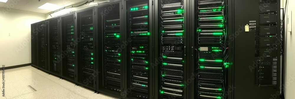 Poster modern data center server room filled with rows of server racks with green blinking lights