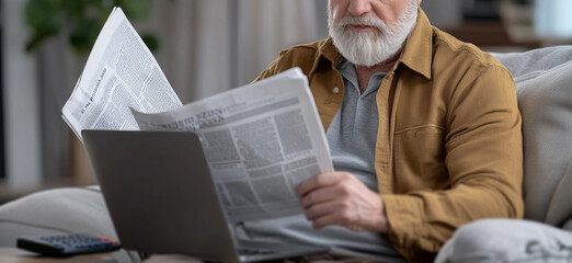 closeup,Elderly man sitting on the couch in his living room,  working with paper documents near a laptop computer. 