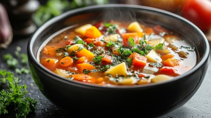 A steaming bowl of hearty vegetable soup richly filled with assorted vegetables like carrots, potatoes, and herbs, ideal for a comforting meal on a chilly day.