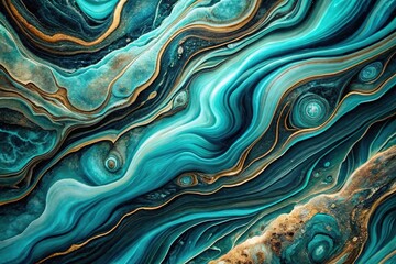 Abstract art with teal and black colors featuring marble swirls and agate ripples, luxurious natural wallpaper accented with gold powder, panoramic