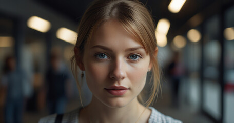 Obraz premium A smiling portrait of a beautiful young woman in a trendy New York street at night, capturing the essence of urban fashion and vibrant city life