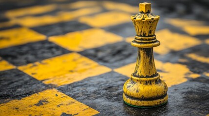A timeworn yellow queen chess piece sits prominently on a black and yellow checkered board, symbolizing strategy and resilience in an abstract environment.
