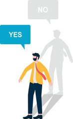 The cartoon merchant holds a sign that says no, while his shadow holds a sign that says yes, psychological suggestion,

