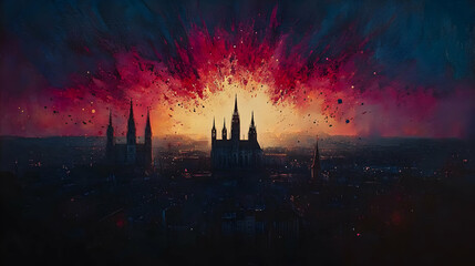 Naklejka premium Cityscape Sunset with Cathedral.