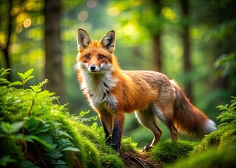 Fototapeta premium Majestic Fox with Vibrant Red Fur Roaming in a Lush Green Forest Under Soft Natural Light