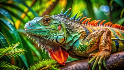 Fototapeta premium Majestic Full Grown Iguana Relaxing on a Branch in a Lush Tropical Environment with Green Foliage