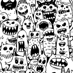 seamless of line doodle set of monster character cartoon on white background, vector pattern design for Halloween