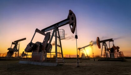  Oil pumps at sunset in a vast oil field. Oil industry.