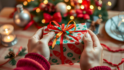 Female hands holding a gift box on the background of Christmas decorations.