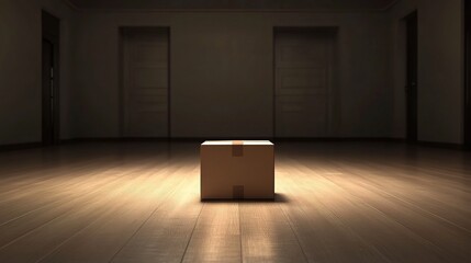 Isolated cardboard box in a dimly lit room
