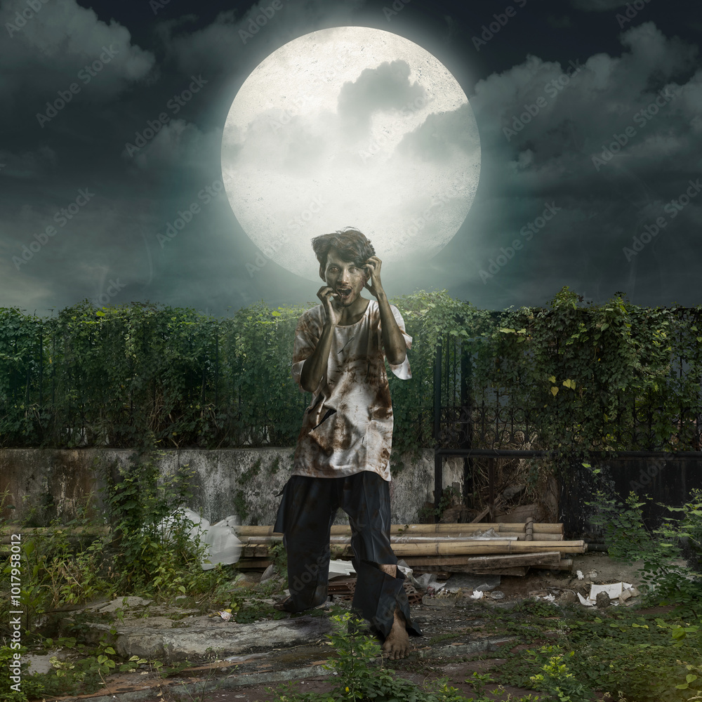 Poster Zombie with bloody wound standing with full moon background. Scene is scary and creepy