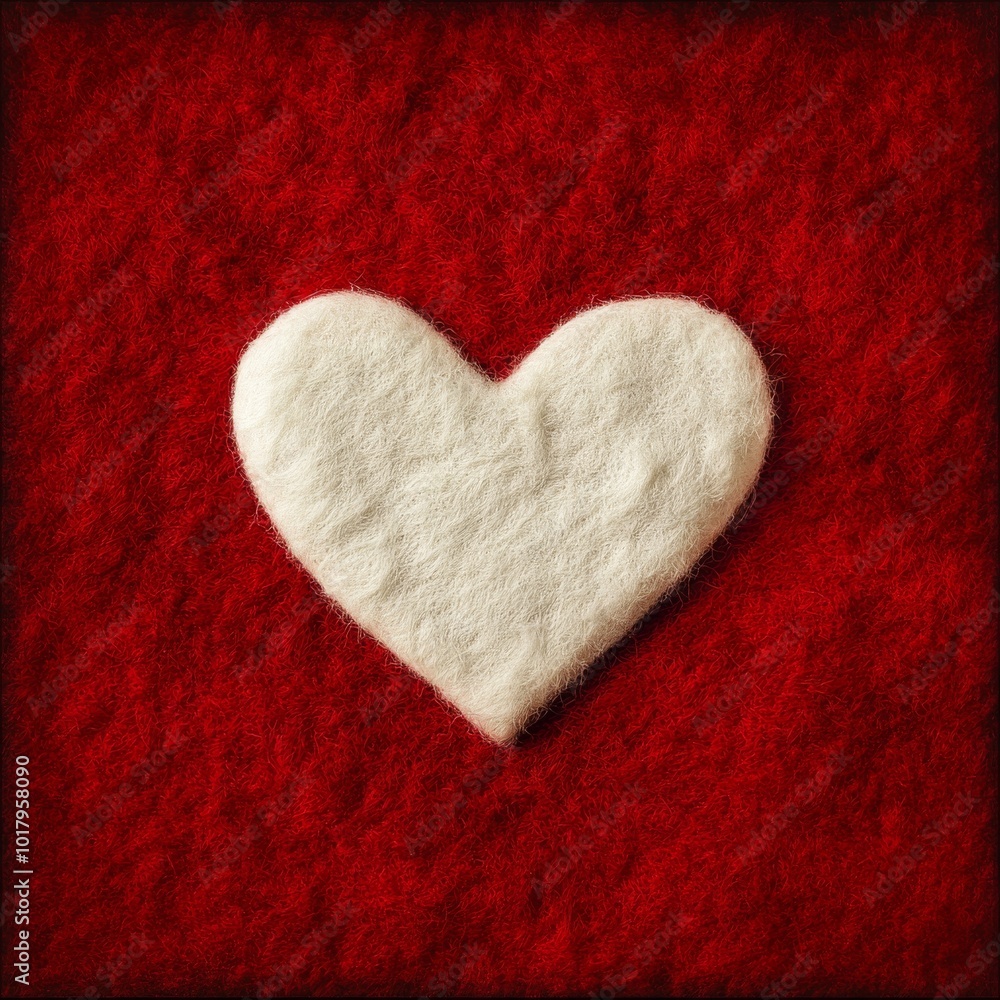 Poster white felt heart shape on red fabric creating a warm and inviting atmosphere for crafts