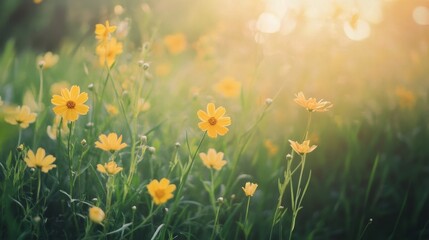Obraz premium Bright yellow wildflowers bloom under the sun in a lush green meadow during golden hour