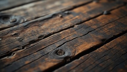 Obraz premium Close-up of dark, weathered wooden planks showcasing the natural texture and grain, perfect for background use. The image highlights rustic and vintage elements.