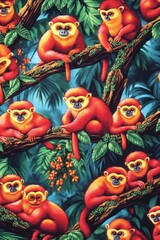 A vibrant pattern featuring colorful monkeys lounging on tree branches in a lush jungle setting.