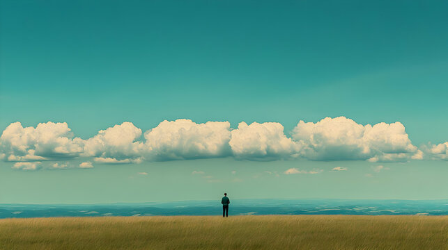 Man Standing Alone in Field with Clouds.