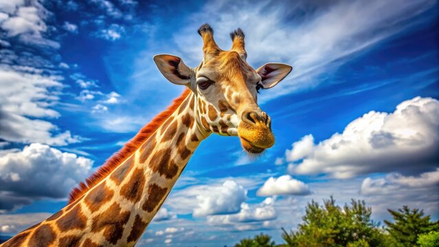 Majestic Giraffe with Prepuce Displaying Unique Anatomy in Natural Habitat Under Clear Blue Sky