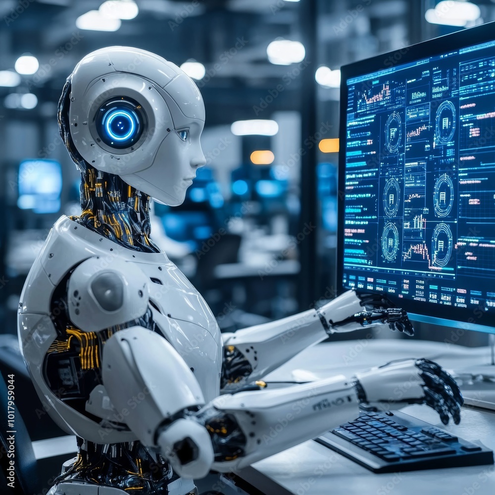 Poster advanced humanoid robot engineer working with complex software in a high-tech industrial factory
