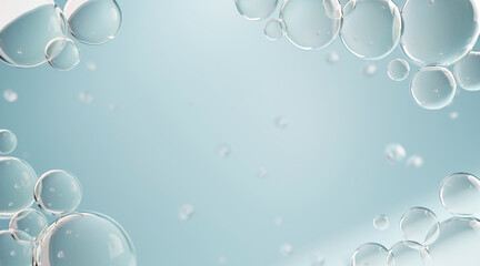 Elegant skincare background featuring transparent bubbles on a soft blue gradient. Ideal for beauty, hydration, and wellness designs, perfect for product branding and advertising.