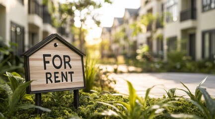 For rent sign in serene residential neighborhood during sunny afternoon