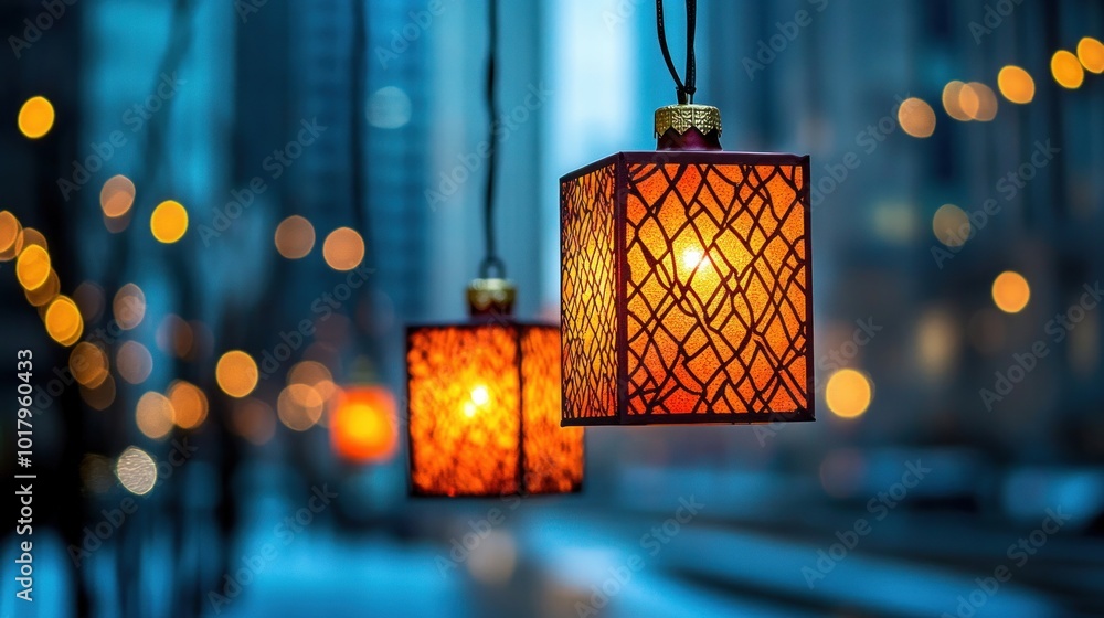 Poster illuminated lanterns hanging in a cityscape a glimpse of urban charm and warmth