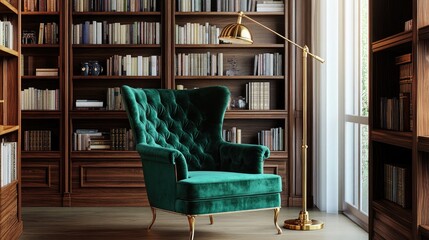 An opulent reading nook with a high-back velvet armchair in emerald green