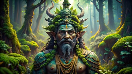 Fototapeta premium Majestic god of the forest surrounded by lush greenery, ancient trees, and serene woodland atmosphere