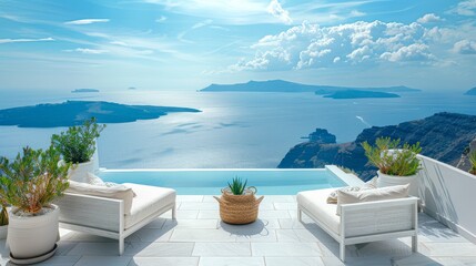 Fototapeta premium White Minimalist Terrace with Panoramic Sea and Island View in Santorini. Daylight Shot from Above Showcasing High-Quality Scenic Beauty.
