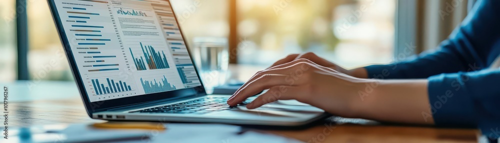 Poster a close-up view of a person working on a laptop, analyzing charts and data in a modern workspace wit