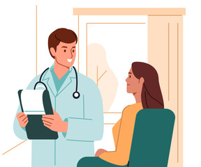 Doctor talking to woman patient. Health worker examine patients health in hospital, clinic. Medical consultation, examination, checkup concept. Vector illustration.
